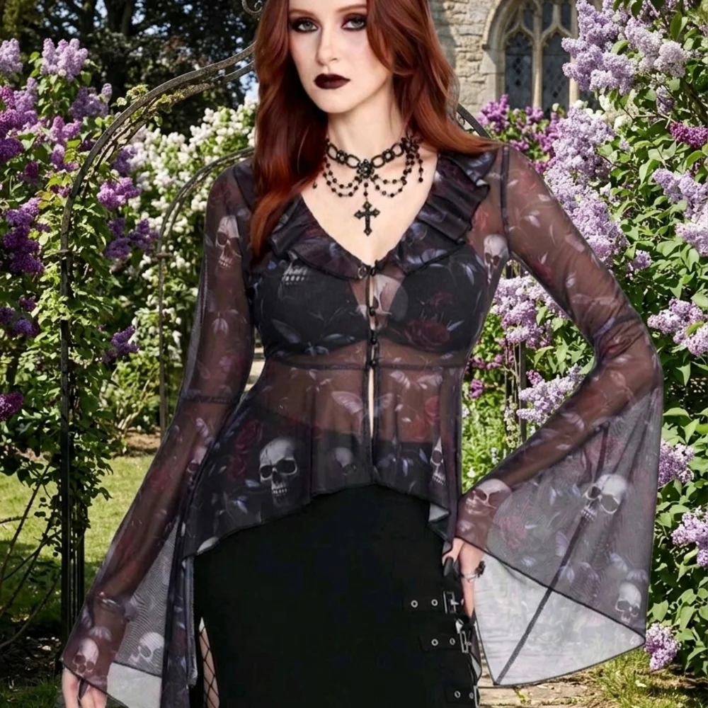 Hot Topic Black Sheer Gothic Skull Ruffle Camisole Top - Picture 1 of 5